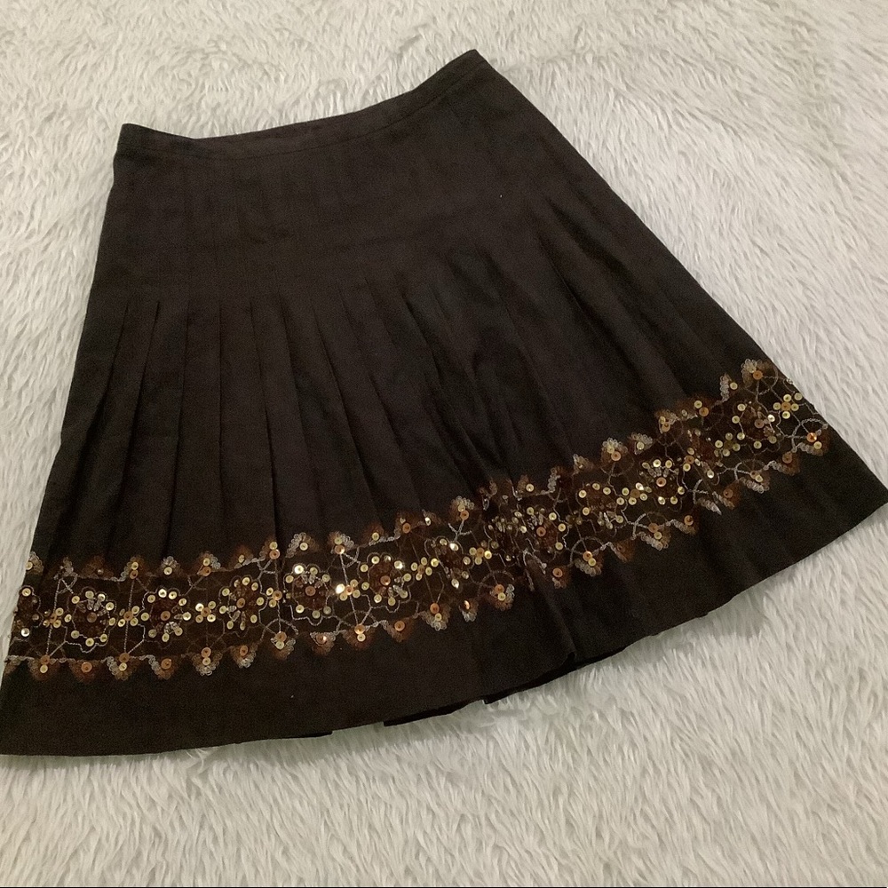 Loft women’s pleated brown embellished beaded linen cotton skirt size 4